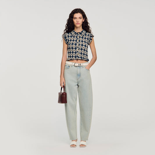 Camila Flower Print Smocked T-Shirt Deep Blue / Ocher