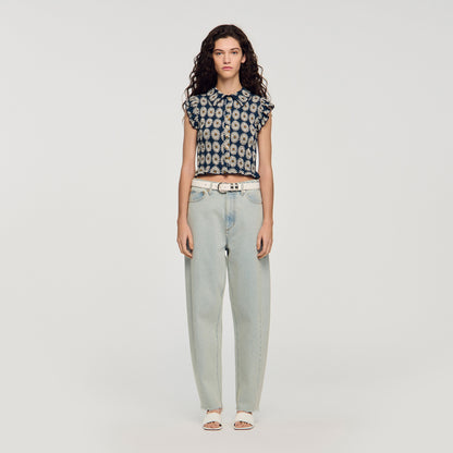 Camila Flower Print Smocked T-Shirt Deep Blue / Ocher