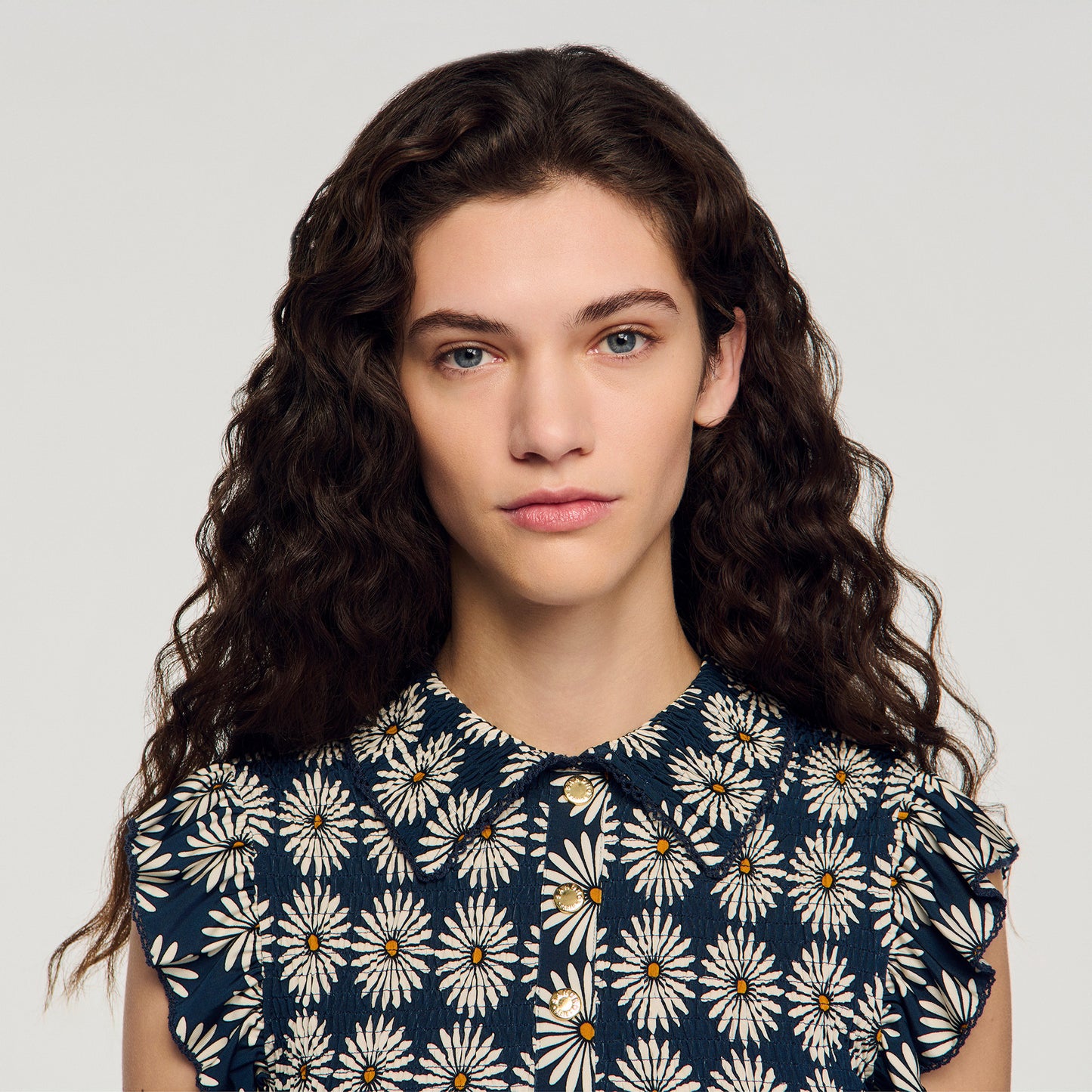 Camila Flower Print Smocked T-Shirt Deep Blue / Ocher