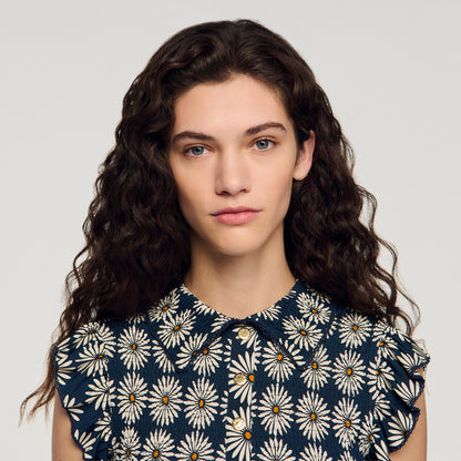 Camila Flower Print Smocked T-Shirt Deep Blue / Ocher