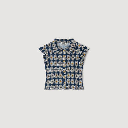 Camila Flower Print Smocked T-Shirt Deep Blue / Ocher