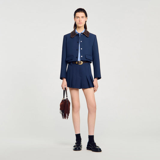 Cropped Jacket With Leather Collar Navy Blue