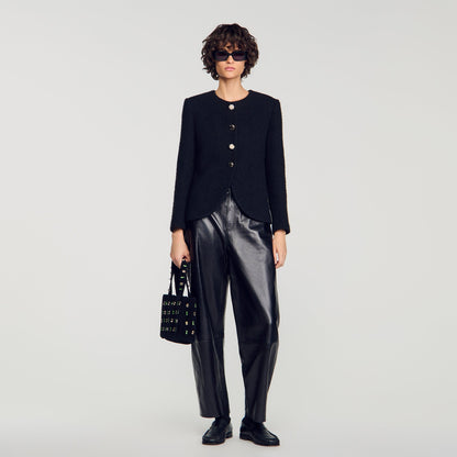 Luck Decorative Button Tweed Jacket Black