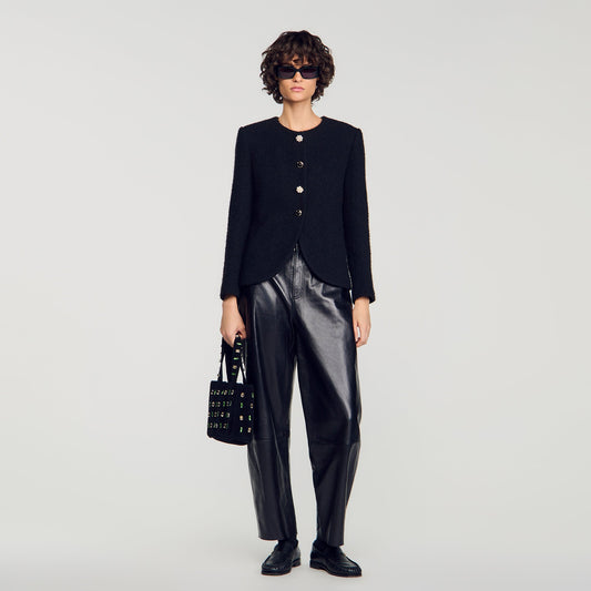 Luck Decorative Button Tweed Jacket Black