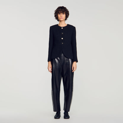 Luck Decorative Button Tweed Jacket Black