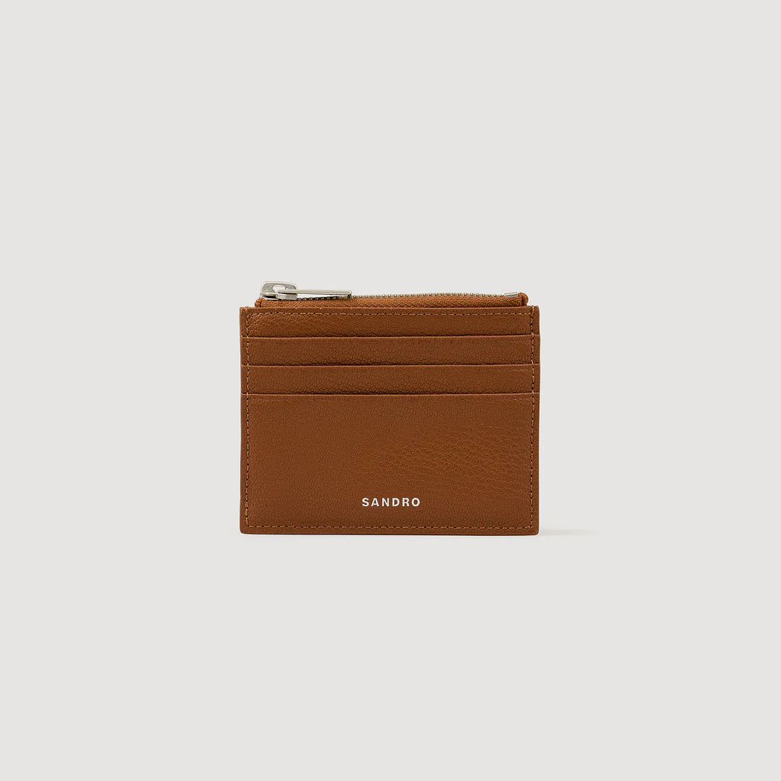 Zipper Grain Grained Leather Zip Card Holder Cognac