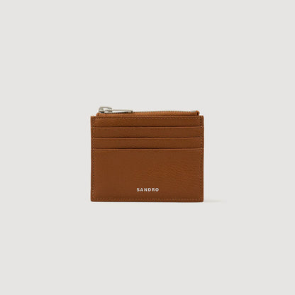 Zipper Grain Grained Leather Zip Card Holder Cognac