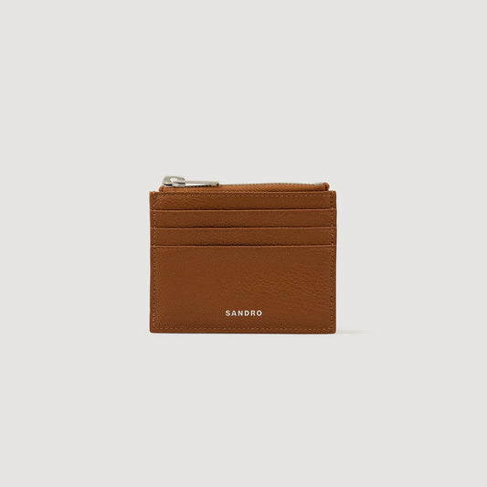 Zipper Grain Grained Leather Zip Card Holder Cognac