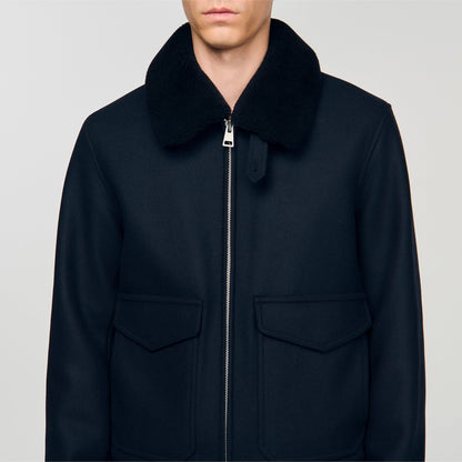 Aviator Wool Aviator Jacket With Shearling Navy Blue