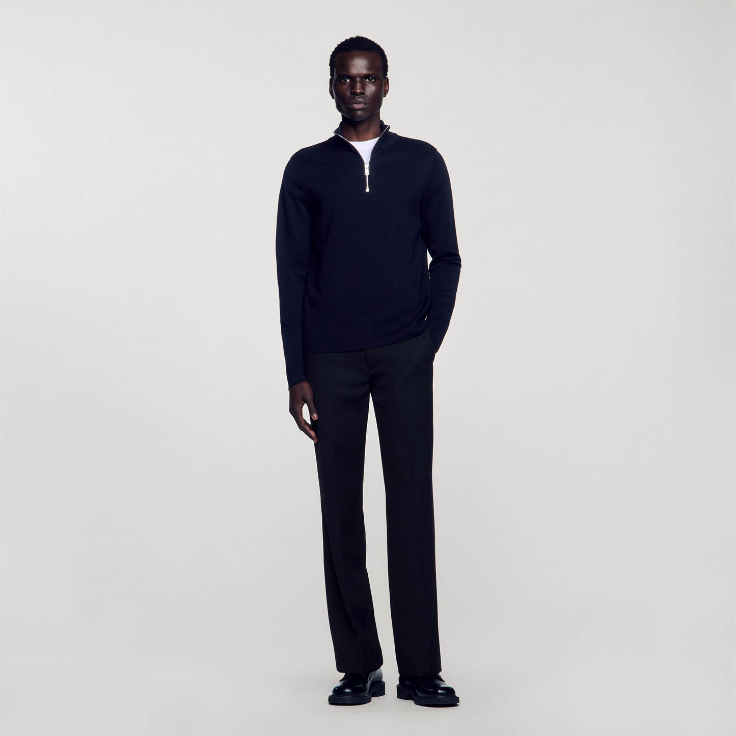 Wool Sweater With Zipped Collar Carbon black