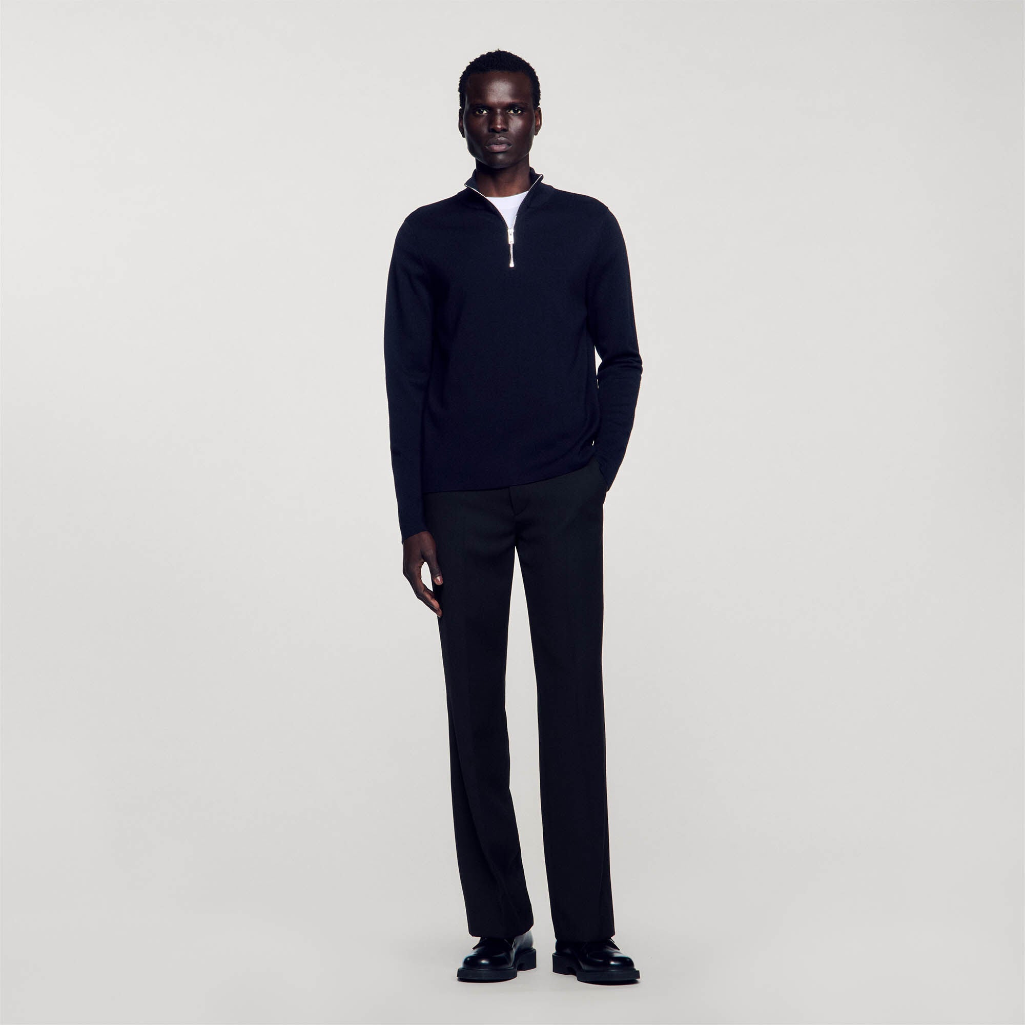 Wool Sweater With Zipped Collar Carbon black