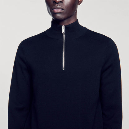 Wool Sweater With Zipped Collar Carbon black