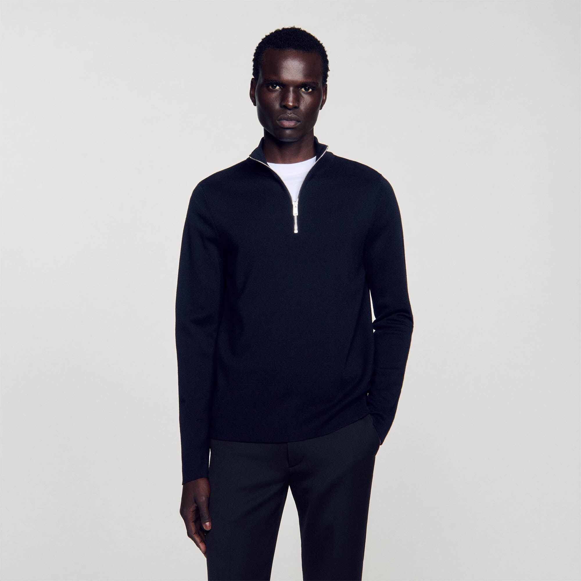 Wool Sweater With Zipped Collar Carbon black