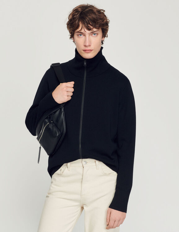 Zip-Up Wool Cardigan Black