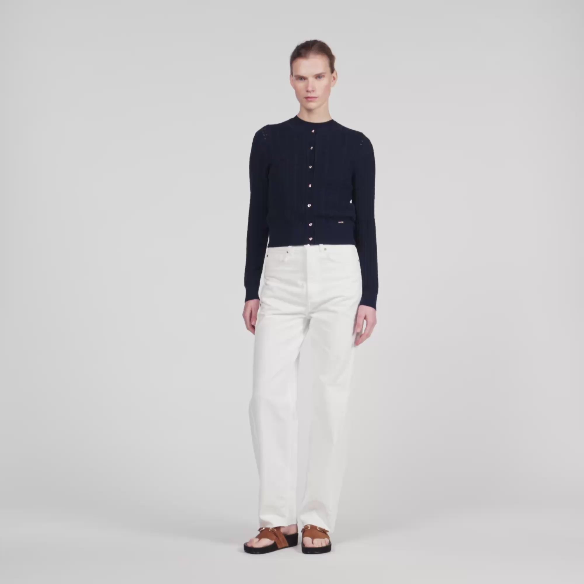 Flavio Cropped Textured Knit Cardigan Navy Blue