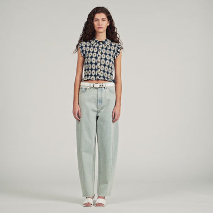 Camila Flower Print Smocked T-Shirt Deep Blue / Ocher