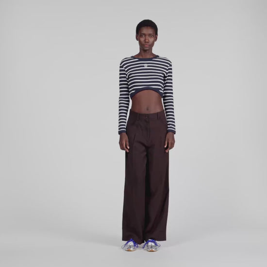 Lyvie Cropped Striped Cotton T-Shirt Marine / Blanc