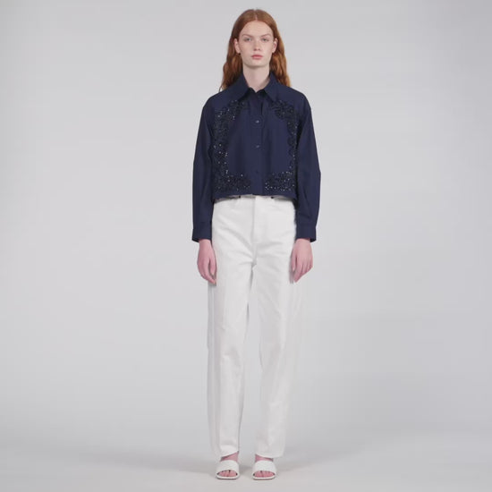 Tiana Floral Embroidered Cotton Shirt Navy Blue